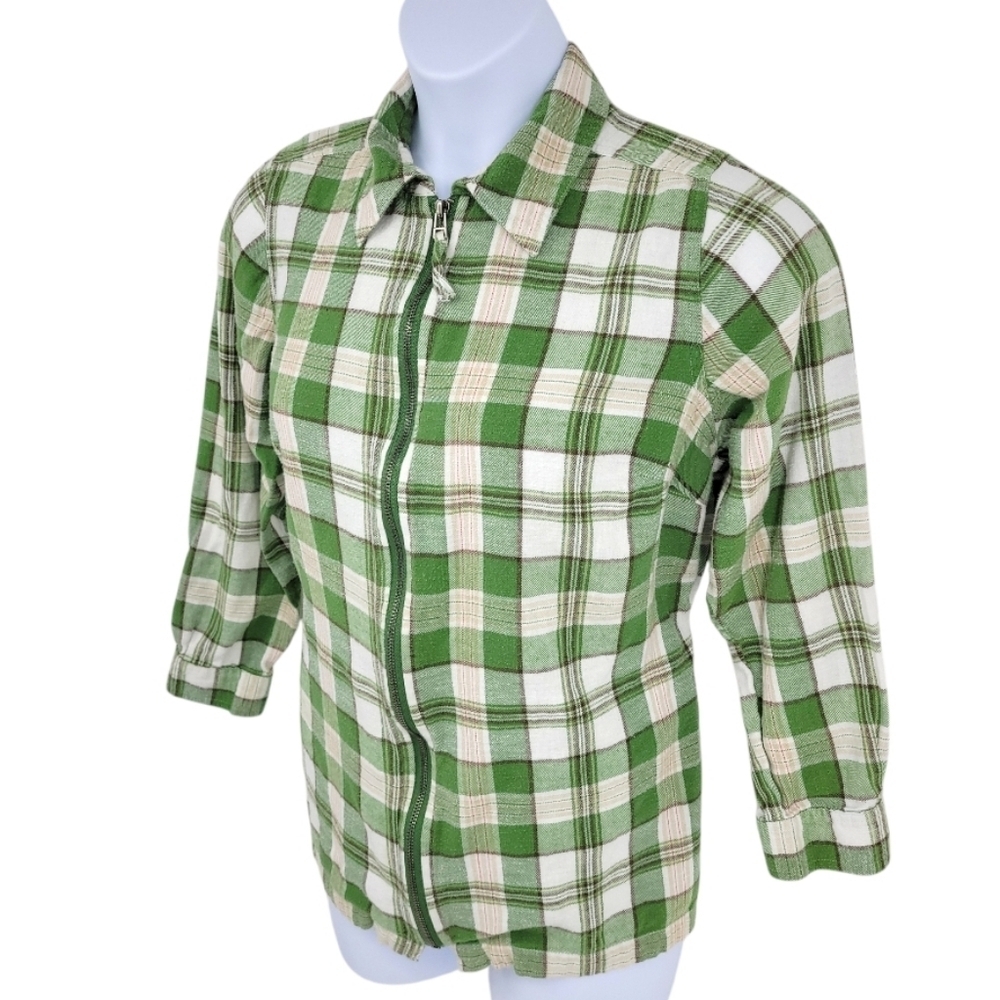 Essentials by Maggie Womens Green‎ and White Zip Up Plaid Shirt 100% Cotton 16W
